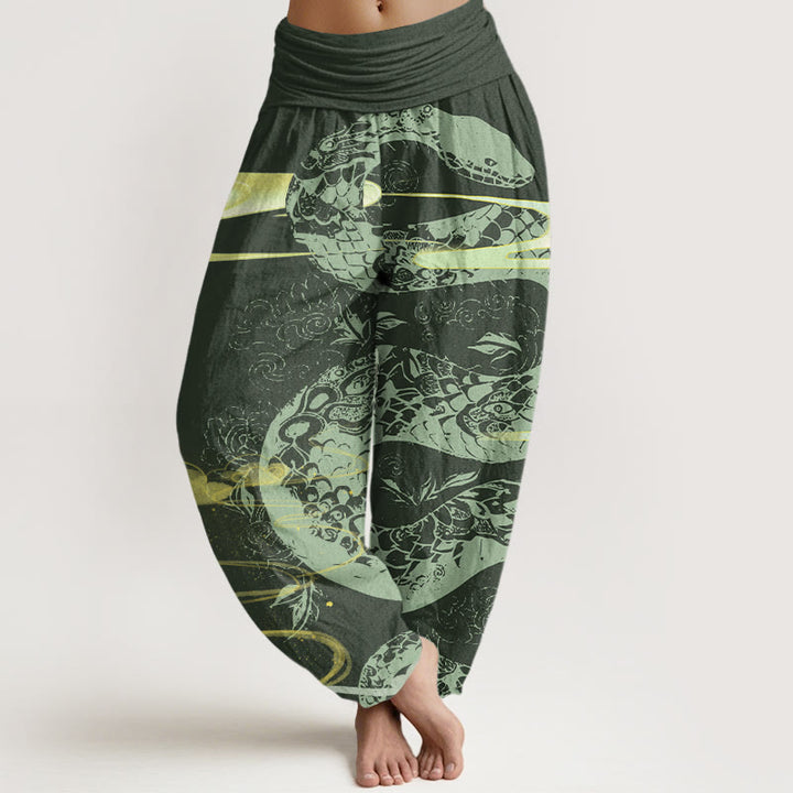 Haremshose mit Buddha Stones und glückverheißenden Wolken und Schlangenmuster für Damen mit elastischer Taille - WaldGrün - US22， UK/AU26，EU54 (6XL) - image 5