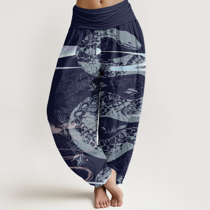 Haremshose mit Buddha Stones und glückverheißenden Wolken und Schlangenmuster für Damen mit elastischer Taille - Dunkelblau - US22， UK/AU26，EU54 (6XL) - image 8