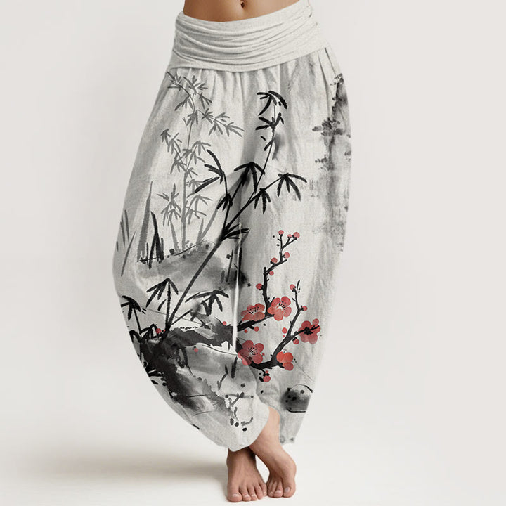 Haremshose mit elastischer Taille und Buddha Stones, Pflaumenblüten, Bambus, Orchideen, Chrysanthemen-Muster für Damen