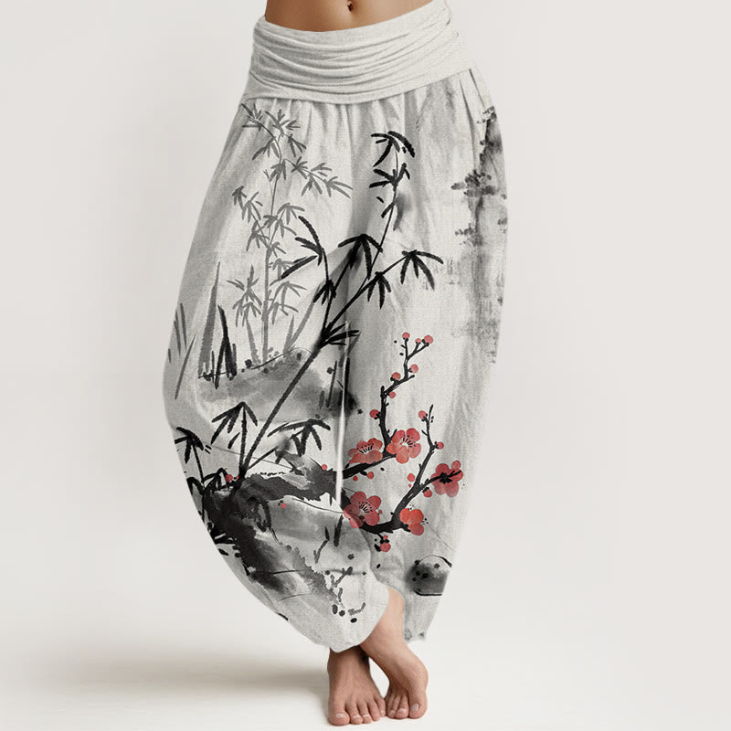 Haremshose mit elastischer Taille und Buddha Stones, Pflaumenblüten, Bambus, Orchideen, Chrysanthemen-Muster für Damen - Hellgrau - US22， UK/AU26，EU54 (6XL) - image 1
