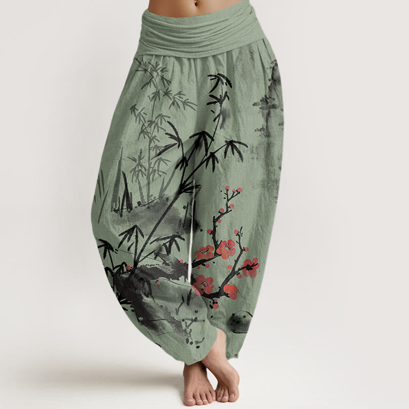 Haremshose mit Buddha Stones, Pflaumenblüten-, Bambus-, Orchideen- und Chrysanthemenmuster für Damen mit elastischem Bund. - Hellgrün - US22, UK/AU26, EU54 (6XL) - image 4