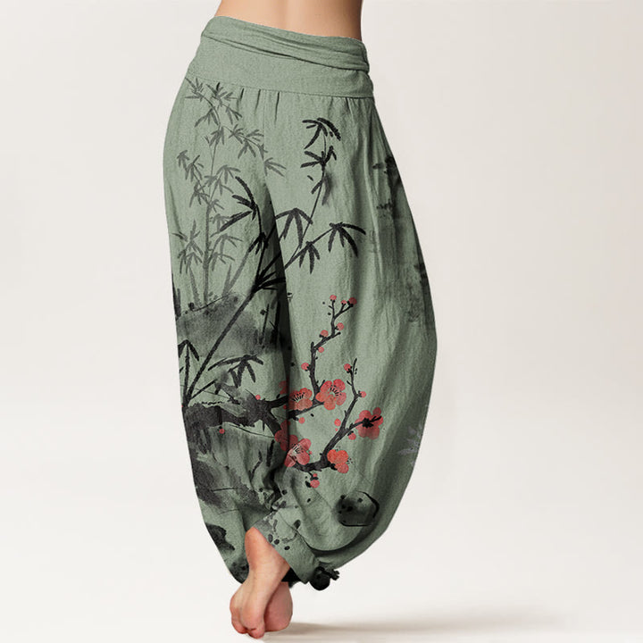 Haremshose mit Buddha Stones, Pflaumenblüten-, Bambus-, Orchideen- und Chrysanthemenmuster für Damen mit elastischem Bund. - image 6