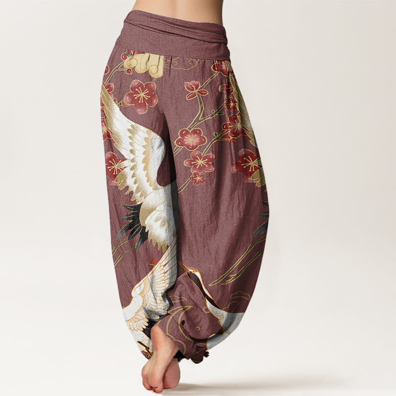 Haremshose mit elastischem Bund für Damen mit Buddha Stones, Kranichen, Blumen, glückverheißenden Wolken-Muster - image 7