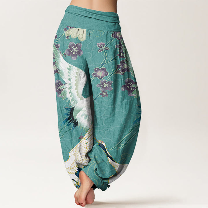 Haremshose mit elastischem Bund für Damen mit Buddha Stones, Kranichen, Blumen, glückverheißenden Wolken-Muster - image 10