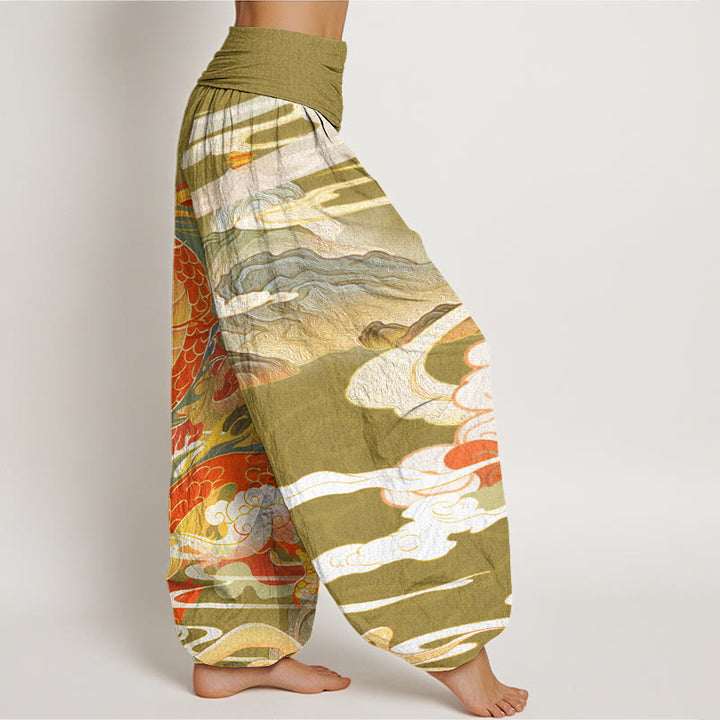 Haremshose mit Buddha Stones, Drachen und glückverheißenden Wolken, elastische Taille für Damen