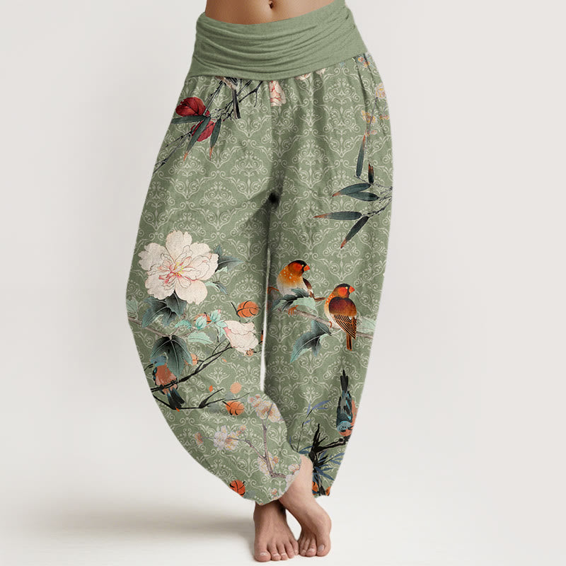 Haremshose mit elastischer Taille für Damen mit Buddha Stones, Waldsänger, Vogel, blühenden Blumenzweigen und Mandala-Muster - Hellgrün - US22， UK/AU26，EU54 (6XL) - image 1
