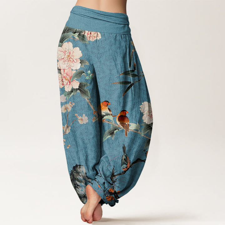 Haremshose mit elastischer Taille für Damen mit Buddha Stones, Waldsänger, Vogel, blühenden Blumenzweigen und Mandala-Muster - image 7
