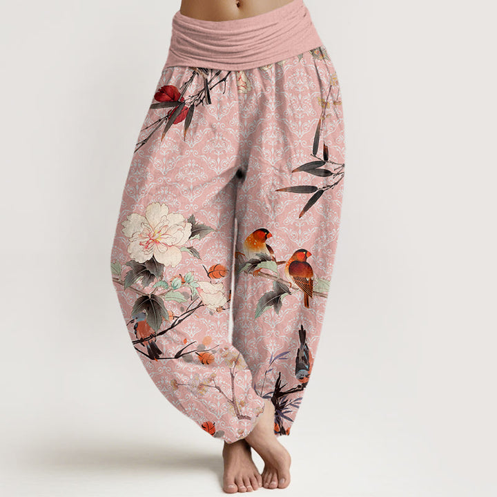 Haremshose mit elastischer Taille für Damen mit Buddha Stones, Waldsänger, Vogel, blühenden Blumenzweigen und Mandala-Muster - Rosa - US22， UK/AU26，EU54 (6XL) - image 8