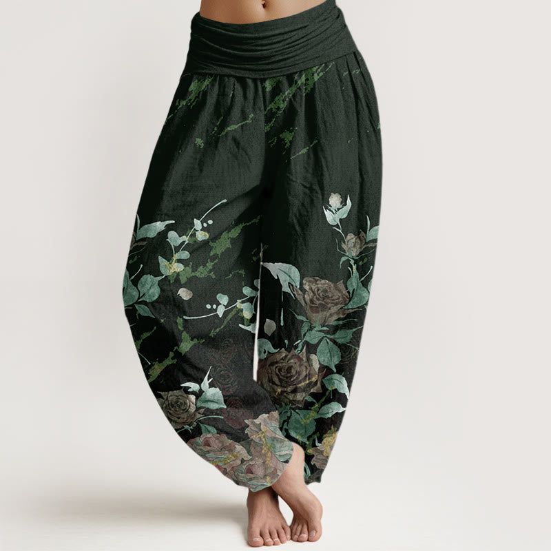 Haremshose für Damen mit elastischem Bund und Buddha Stones und blühenden Rosen - Dunkelgrün - US22， UK/AU26，EU54 (6XL) - image 8