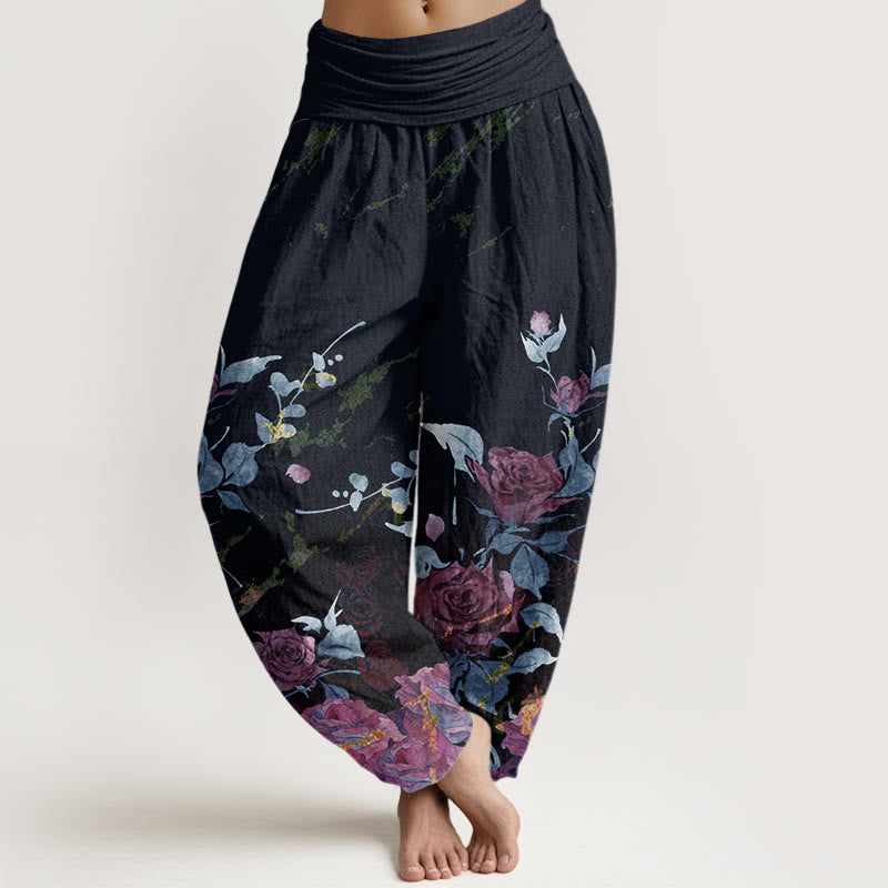 Haremshose für Damen mit elastischem Bund und Buddha Stones und blühenden Rosen - DunkelSchiefergrau - US22， UK/AU26，EU54 (6XL) - image 5