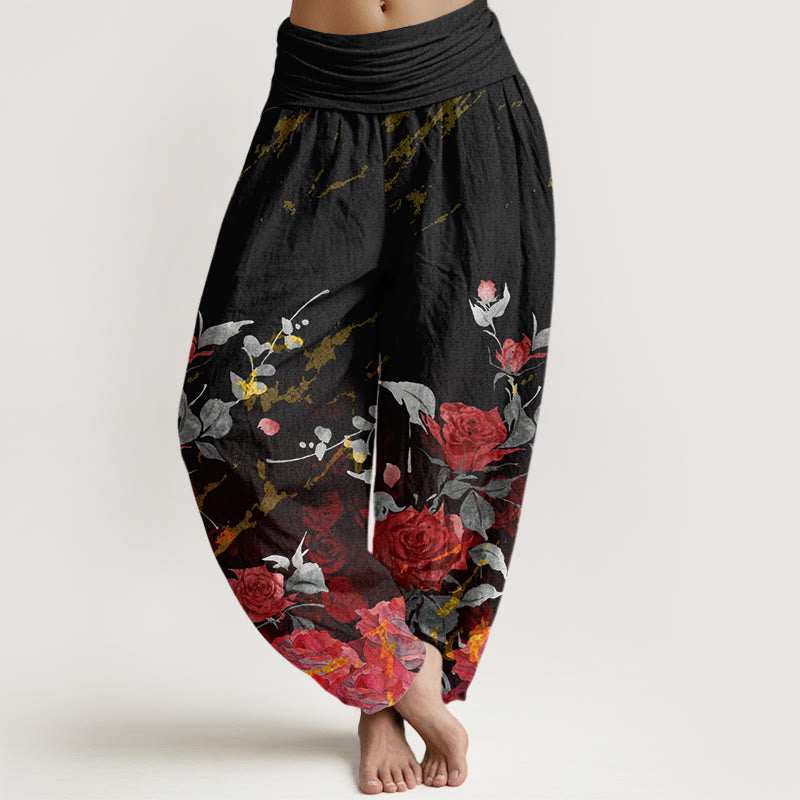Haremshose aus Baumwolle mit Buddha Stones und Rosenmuster, elastischer Bund, Damen - Schwarz - US22, UK/AU26, EU54 (6XL) - image 0