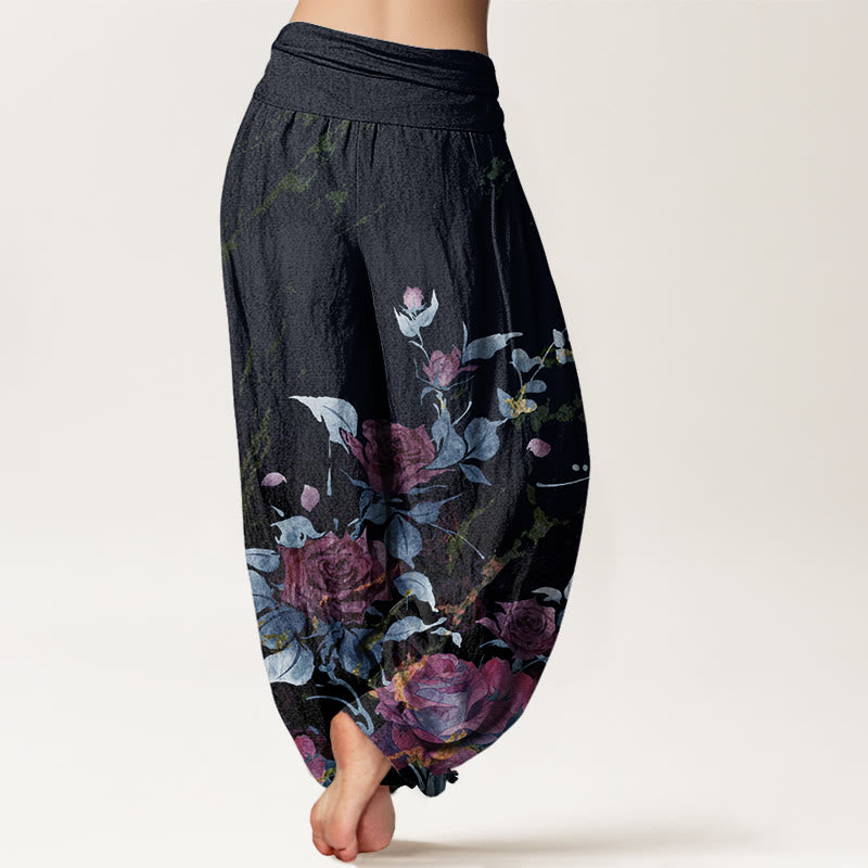 Haremshose für Damen mit elastischem Bund und Buddha Stones und blühenden Rosen - image 7