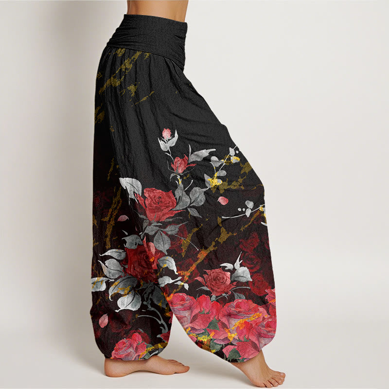 Haremshose für Damen mit elastischem Bund und Buddha Stones und blühenden Rosen - image 2