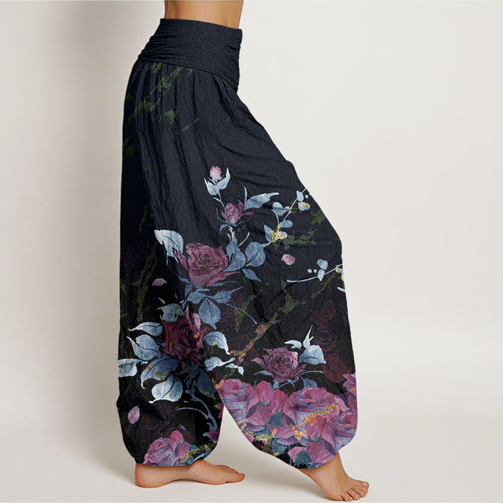 Haremshose für Damen mit elastischem Bund und Buddha Stones und blühenden Rosen - image 6
