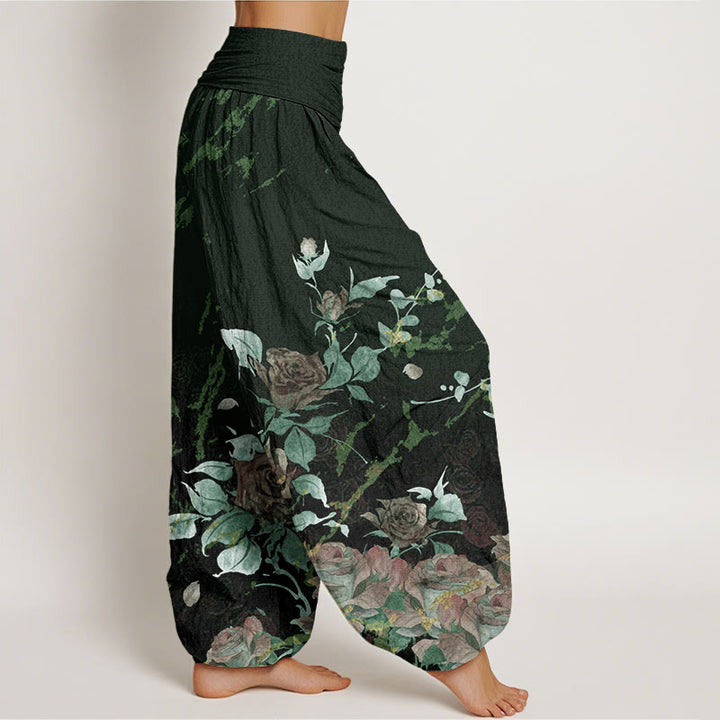Haremshose für Damen mit elastischem Bund und Buddha Stones und blühenden Rosen - image 9