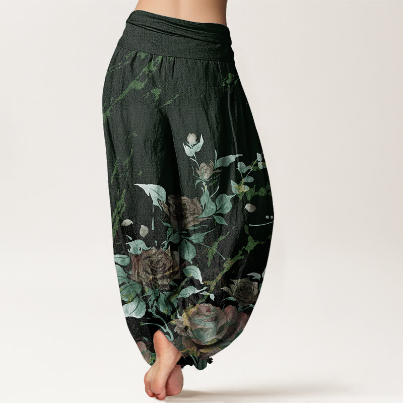Haremshose für Damen mit elastischem Bund und Buddha Stones und blühenden Rosen - image 10