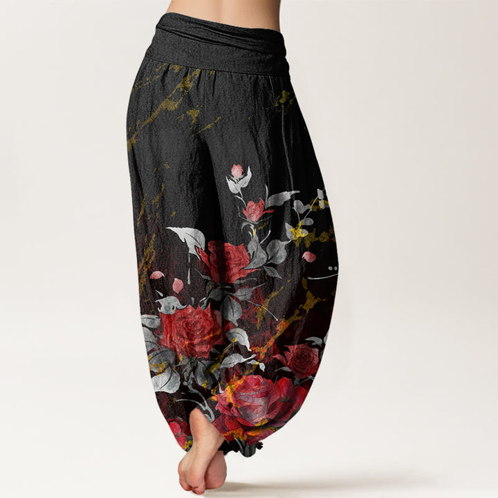 Haremshose für Damen mit elastischem Bund und Buddha Stones und blühenden Rosen - image 3