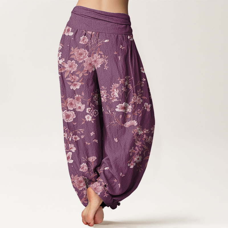 Buddha Stones Sommer-Haremshose mit böhmischem Blumenmuster für Damen, elastische Taille