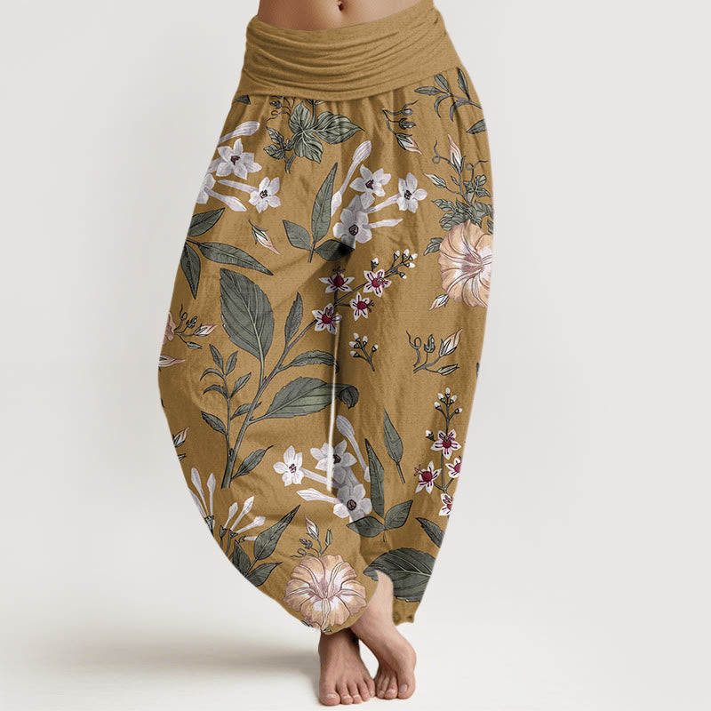 Haremshose für Damen mit elastischer Taille und Buddha Stones, Blumen- und Pflanzenmuster