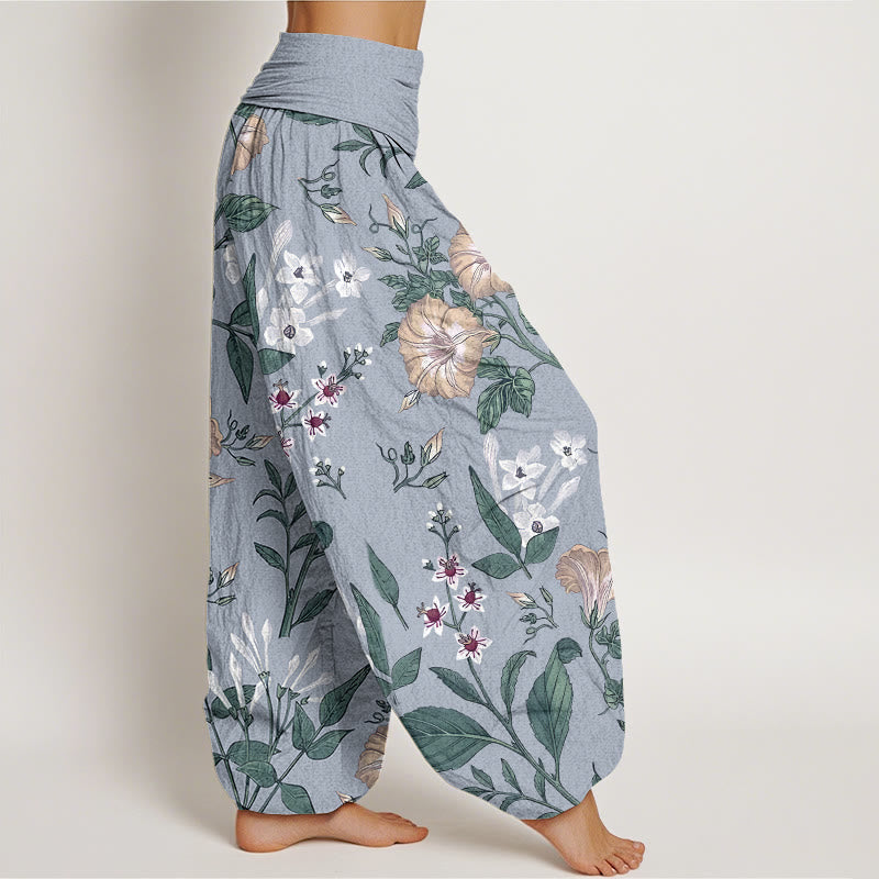 Haremshose für Damen mit elastischer Taille und Buddha Stones, Blumen- und Pflanzenmuster