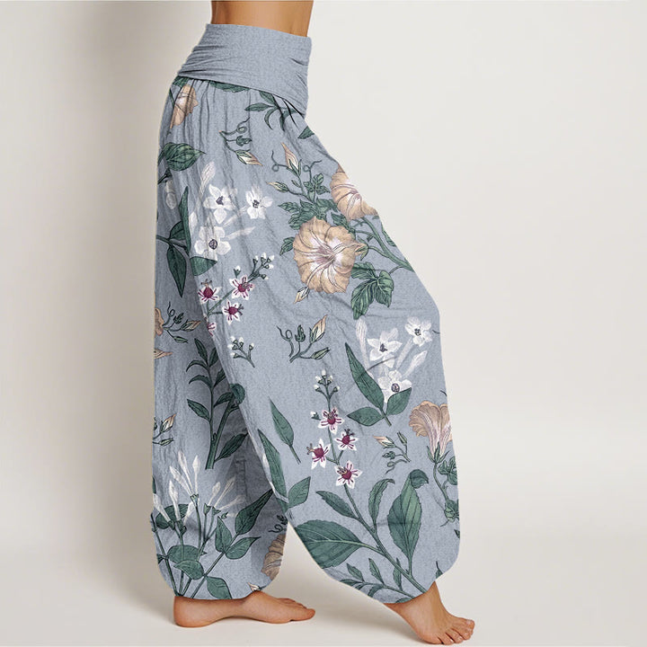 Haremshose für Damen mit elastischer Taille und Buddha Stones, Blumen- und Pflanzenmuster