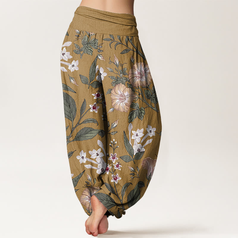 Haremshose für Damen mit elastischer Taille und Buddha Stones, Blumen- und Pflanzenmuster