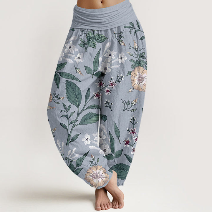 Haremshose für Damen mit elastischer Taille und Buddha Stones, Blumen- und Pflanzenmuster