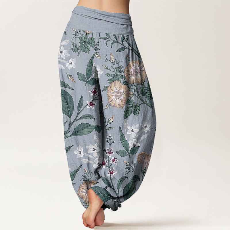 Haremshose für Damen mit elastischer Taille und Buddha Stones, Blumen- und Pflanzenmuster