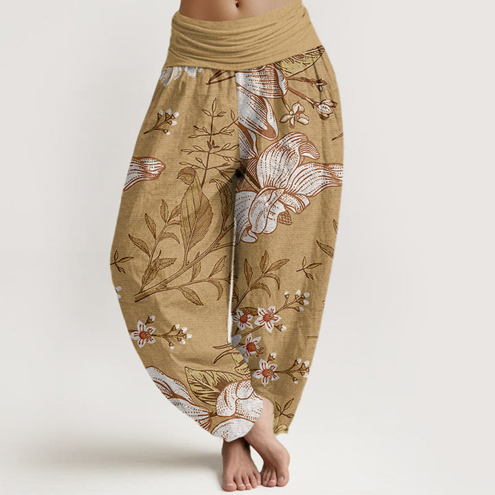 Buddha Stones Daisy Weiße Blumen Muster Damen Haremshose mit elastischer Taille