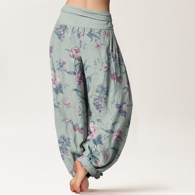 Buddha Stones Lässige Haremshose mit rosa Blumenmuster für Damen, elastische Taille