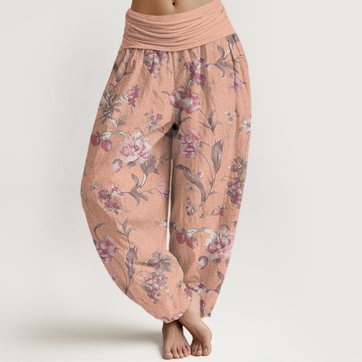 Buddha Stones Lässige Haremshose mit rosa Blumenmuster für Damen, elastische Taille