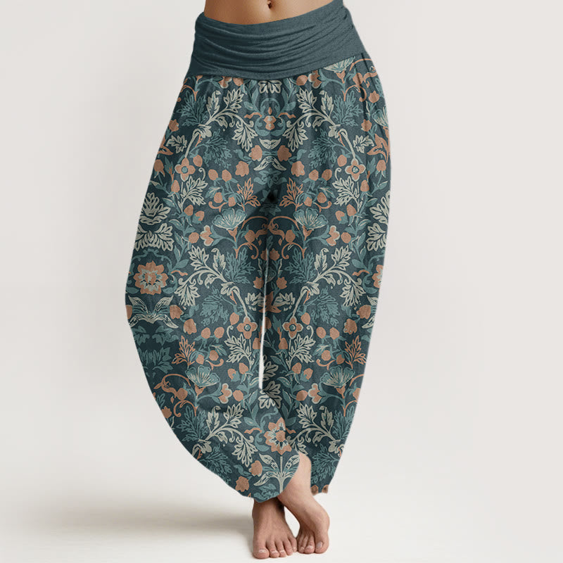 Buddha Stones Baumwoll-Haremshose mit Blumen- und Rankenmuster für Damen, elastischer Bund - Kadettenblau - US22, UK/AU26, EU54 (6XL) - image 0