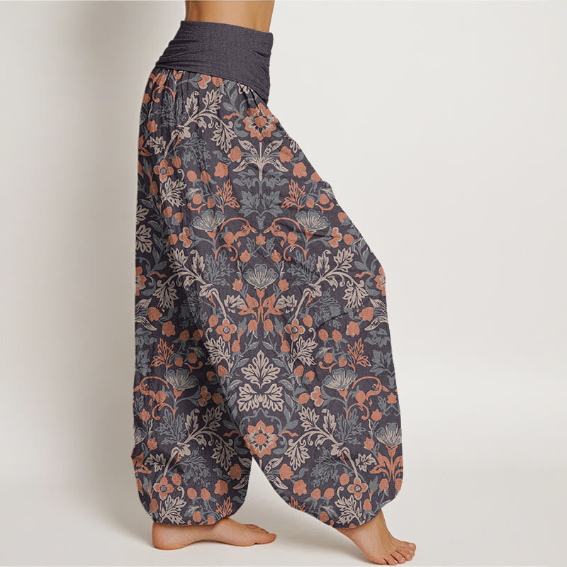 Lässige Haremshose mit Blumen- und Blättermuster für Damen mit elastischer Taille und Buddha Stones