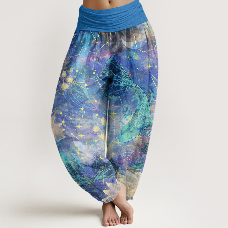 Haremshose aus Baumwolle mit Buddha Stones , Koi-Fisch-, Lotus-, Mond- und Sternenmuster sowie elastischem Bund für Damen. - Kornblumenblau - US22, UK/AU26, EU54 (6XL) - image 0