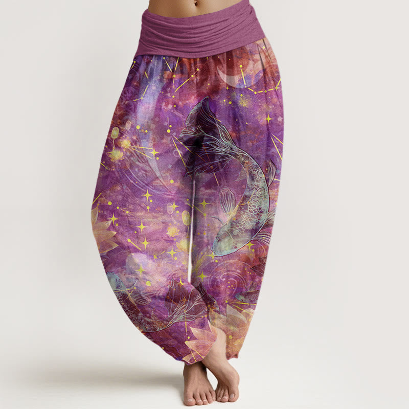 Haremshose mit elastischer Taille für Damen, mit Buddha Stones, Koi-Fisch, Lotus, Mond und Sternenmuster - Orchidee - US22， UK/AU26，EU54 (6XL) - image 5