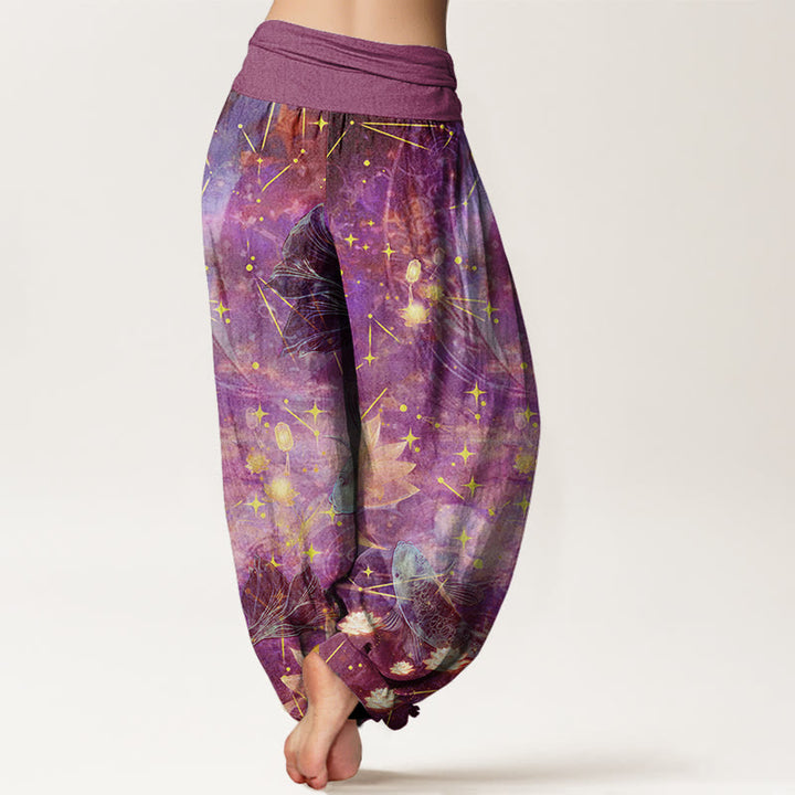 Haremshose mit elastischer Taille für Damen, mit Buddha Stones, Koi-Fisch, Lotus, Mond und Sternenmuster - image 7