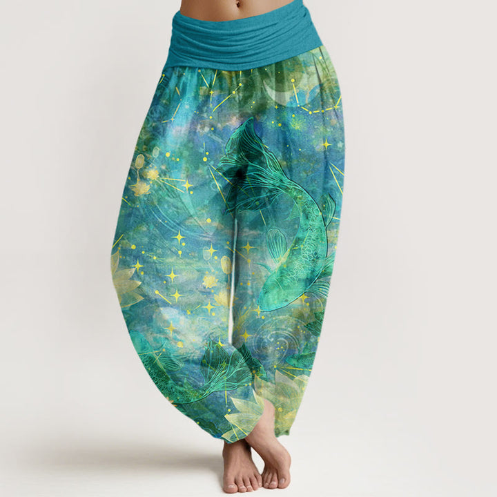 Haremshose mit elastischer Taille für Damen, mit Buddha Stones, Koi-Fisch, Lotus, Mond und Sternenmuster - Dunkeltürkis - US22， UK/AU26，EU54 (6XL) - image 8