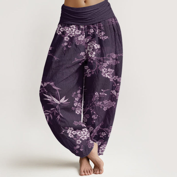 Buddha Stones Weißes Sakura-Blumenmuster Damen-Haremshose mit elastischer Taille