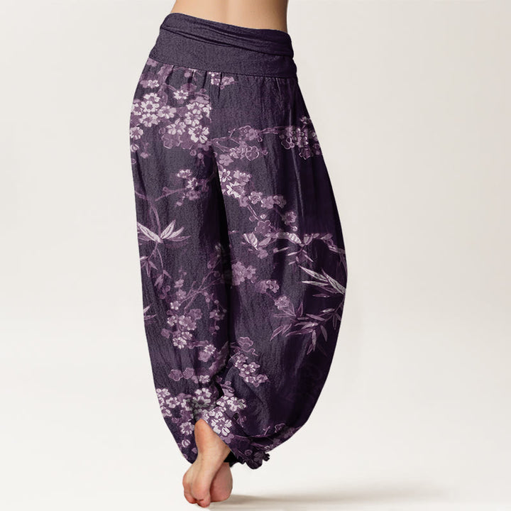 Weiße Haremshose aus Baumwolle mit Buddha Stones Motiv und Sakura-Blumenmuster, elastischer Bund, Damen - image 6