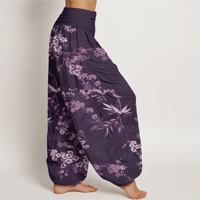 Weiße Haremshose aus Baumwolle mit Buddha Stones Motiv und Sakura-Blumenmuster, elastischer Bund, Damen - image 5