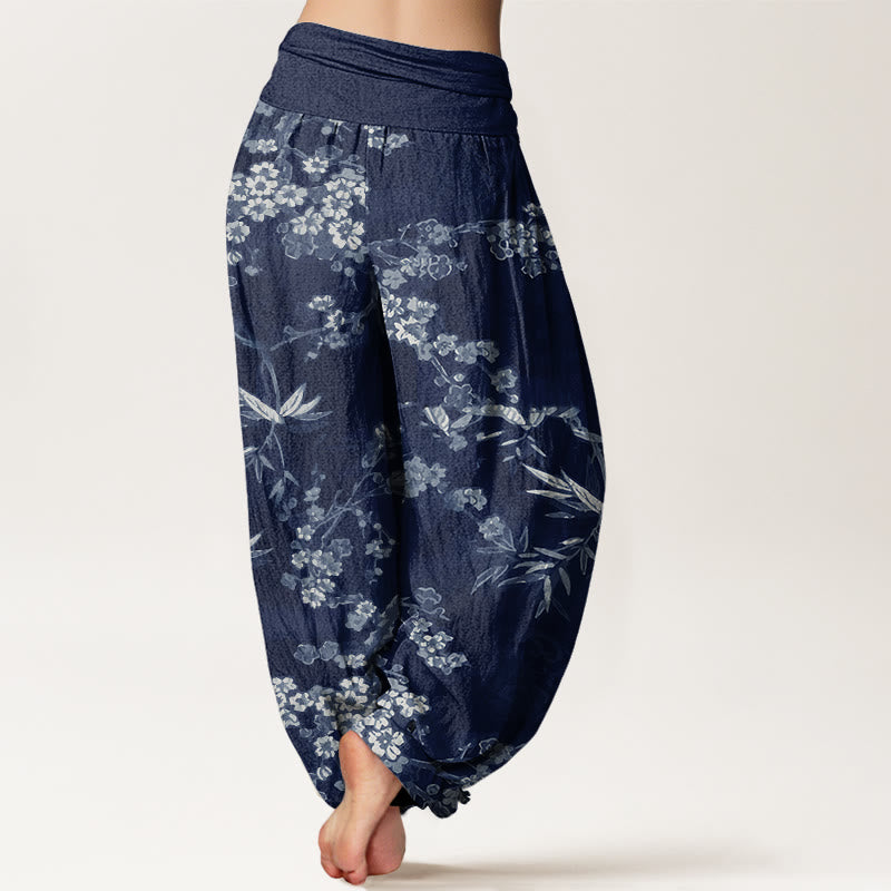 Weiße Haremshose aus Baumwolle mit Buddha Stones Motiv und Sakura-Blumenmuster, elastischer Bund, Damen - image 2
