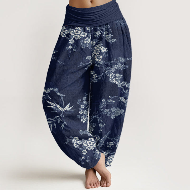 Weiße Haremshose aus Baumwolle mit Buddha Stones Motiv und Sakura-Blumenmuster, elastischer Bund, Damen - Mitternachtsblau - US22, UK/AU26, EU54 (6XL) - image 0