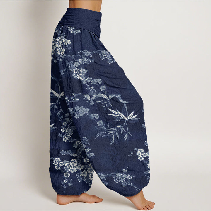 Weiße Haremshose aus Baumwolle mit Buddha Stones Motiv und Sakura-Blumenmuster, elastischer Bund, Damen - image 1