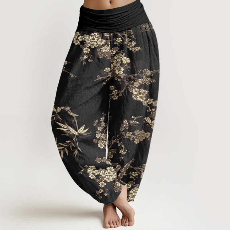 Buddha Stones Weißes Sakura-Blumenmuster Damen-Haremshose mit elastischer Taille - Schwarz - US22， UK/AU26，EU54 (6XL) - image 8