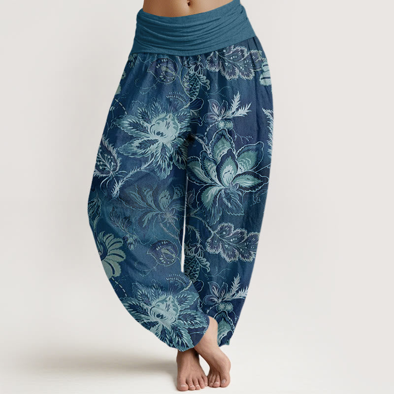 Buddha Stones Lässige Haremshose für Damen mit elastischer Taille und Blumenmuster - Stahlblau - US22， UK/AU26，EU54 (6XL) - image 5
