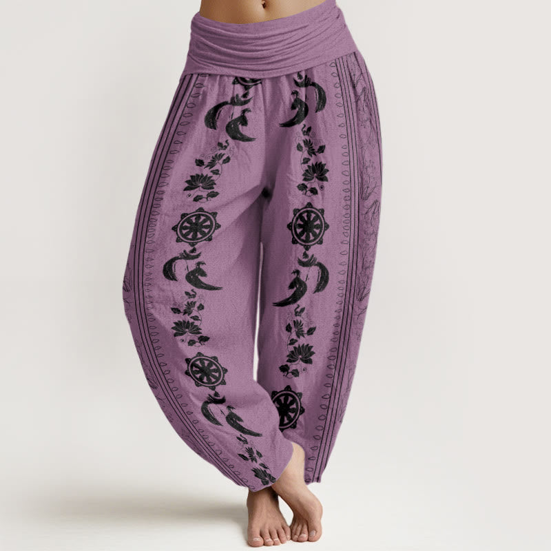 Baumwoll-Haremshose mit Buddha Stones , Dharma-Rad- und Lotus-OM-Muster sowie elastischem Bund - Pflaume - US22, UK/AU26, EU54 (6XL) - image 5