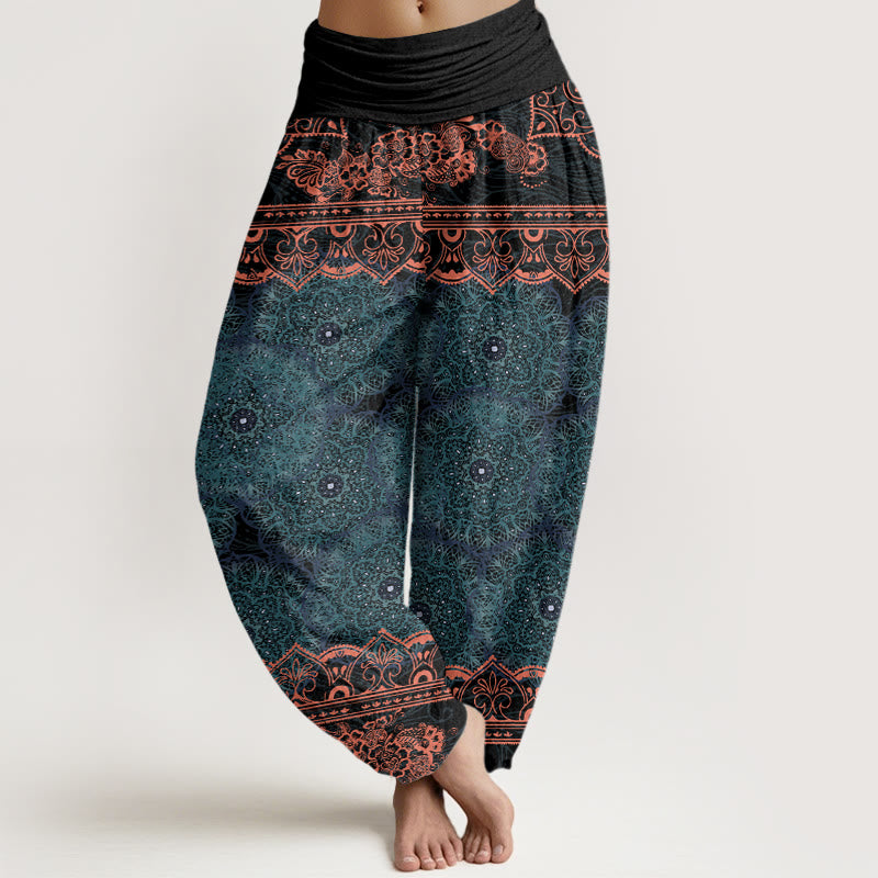 Haremshose mit Buddha Stones und elegantem Mandala-Blumen-Design für Damen, elastische Taille - DunkelCyan - US22， UK/AU26，EU54 (6XL) - image 1