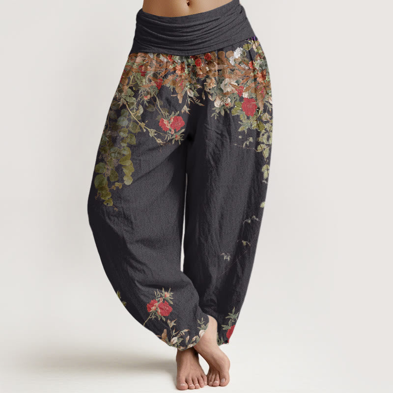 Buddha Stones Lässige Haremshose für Damen mit elastischer Taille und rotem Pfingstrosen-Blumenranken-Design - Schwarz - US22， UK/AU26，EU54 (6XL) - image 1