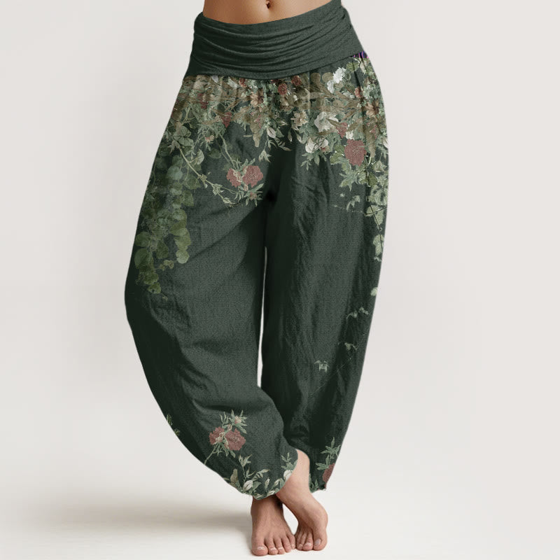 Buddha Stones Lässige Haremshose für Damen mit elastischer Taille und rotem Pfingstrosen-Blumenranken-Design - DunkelMeergrün - US22， UK/AU26，EU54 (6XL) - image 5