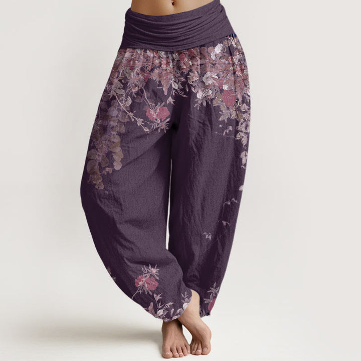 Buddha Stones Lässige Haremshose für Damen mit elastischer Taille und rotem Pfingstrosen-Blumenranken-Design - Pflaume - US22， UK/AU26，EU54 (6XL) - image 8